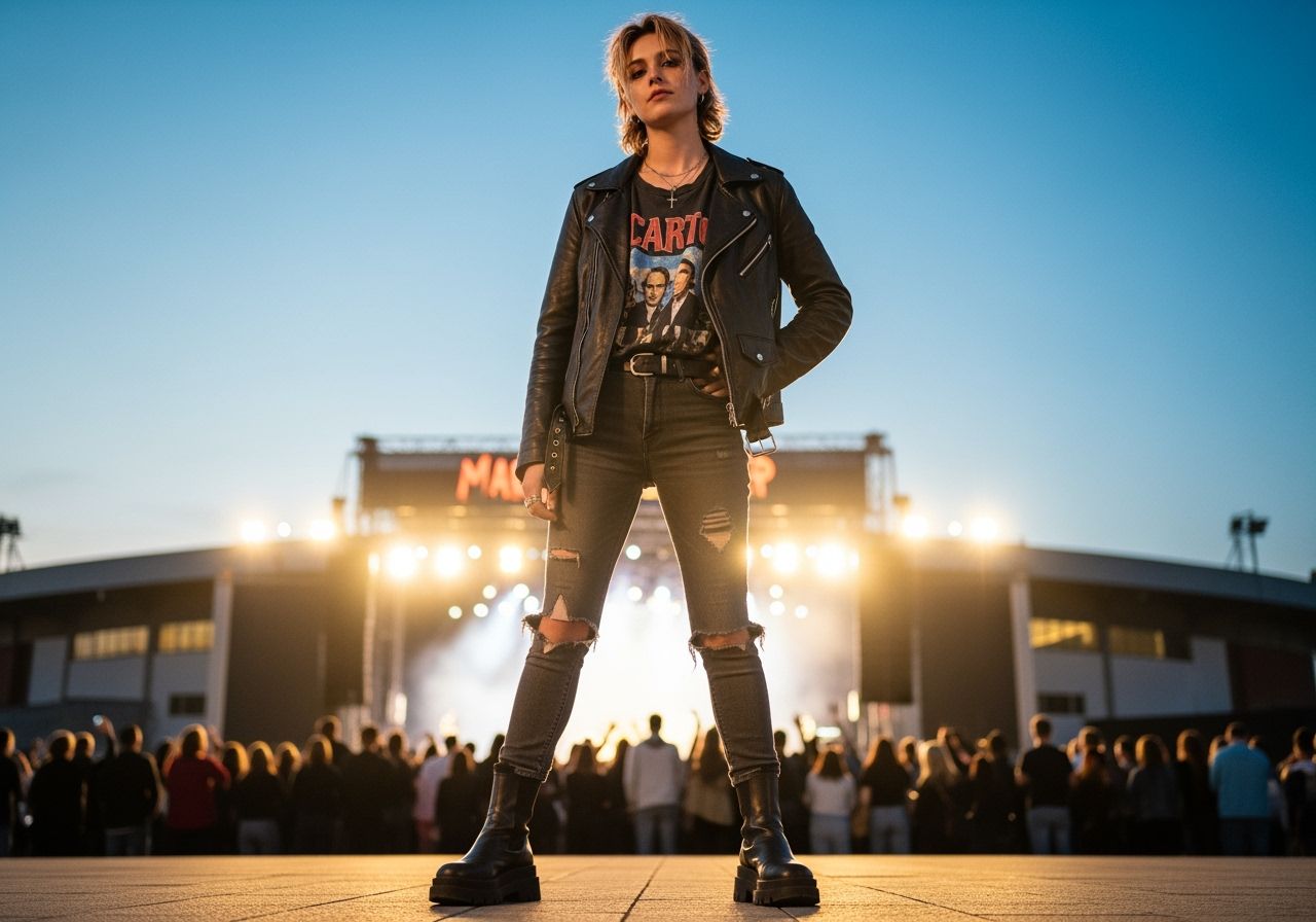 Mladá osoba v koženej bunde a tričku stojí pred koncertnou halou s osvetlením a davom fanúšikov.