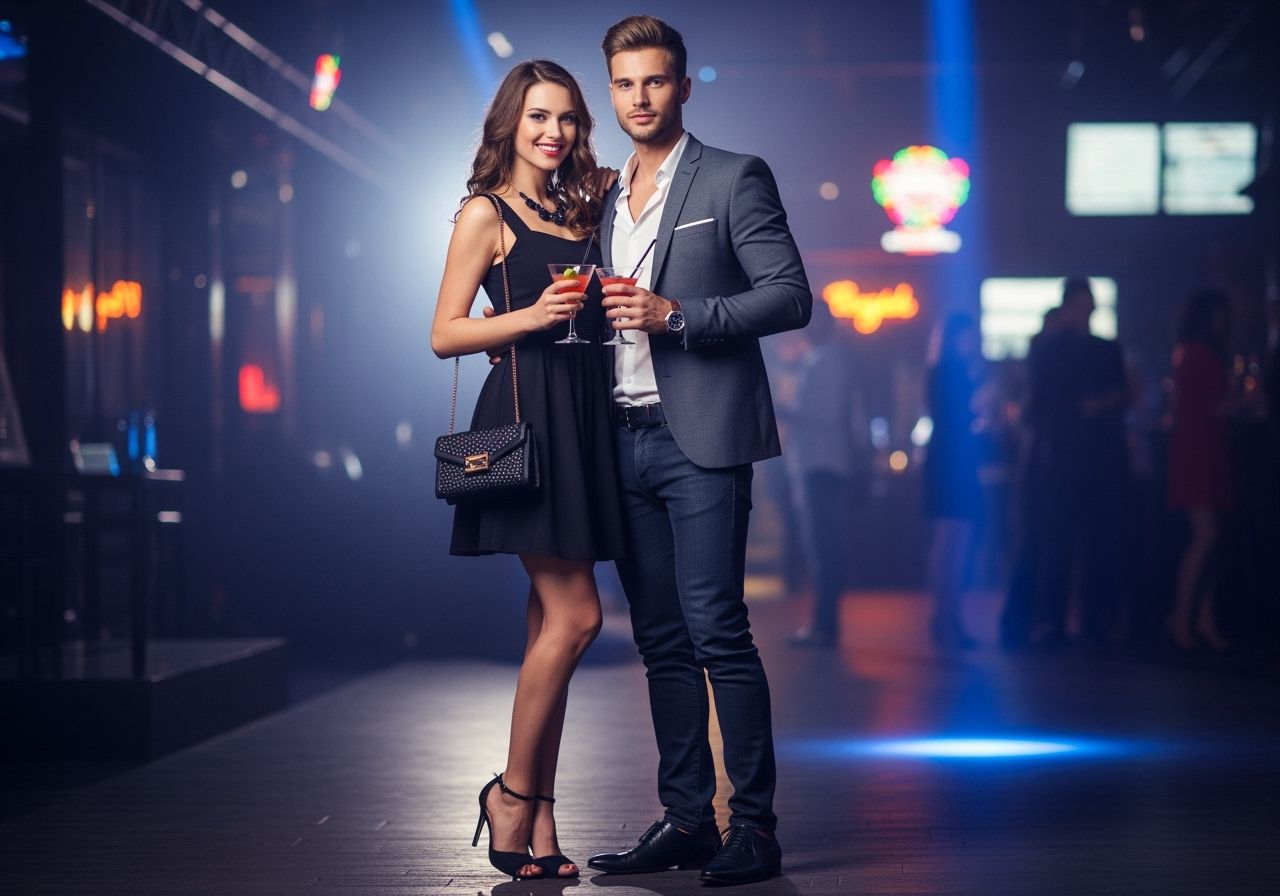 Mladý pár v meste v noci s nápojmi v ruke pred klubom, farebné svetlá a ľudia v pozadí