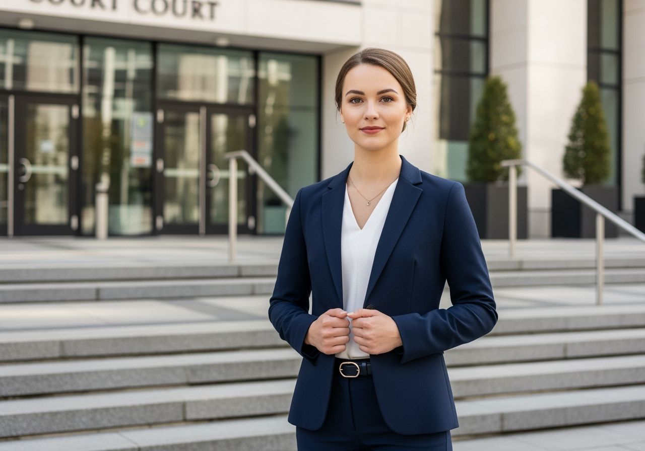 Mladá profesionálka v obleku stojí pred moderným súdom za denného svetla.