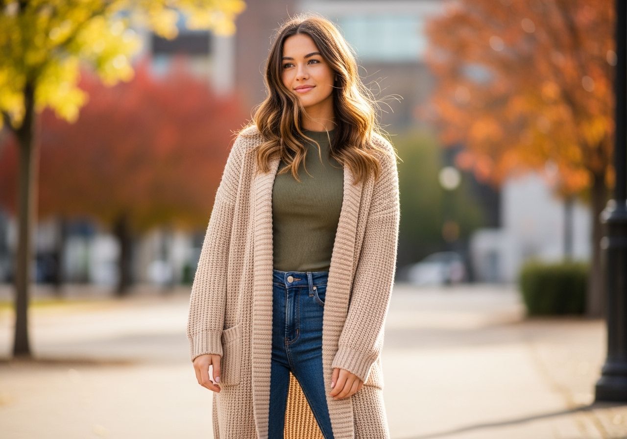 mladá žena v dlhom svetri na jeseň, stojaca vonku v mestskom prostredí, usmiata a pohodlná