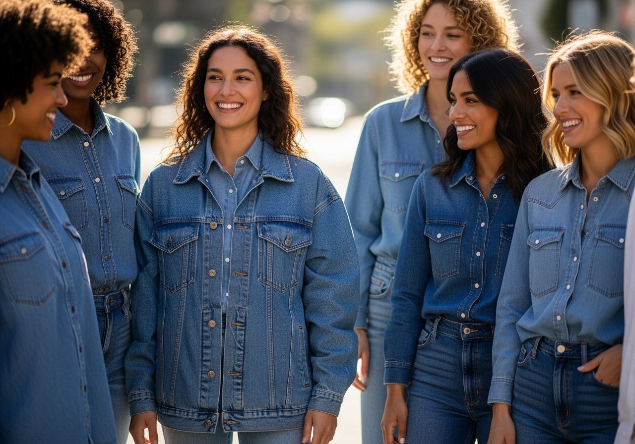 Skupina žien v rôznych rifľových košeliach vonku v mestskom prostredí s prírodným svetlom.