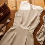 béžové šaty na starom drevenom stole s koženou kabelkou, hodinkami, lodičkami, perlovými náušnicami a hodvábnou šatkou