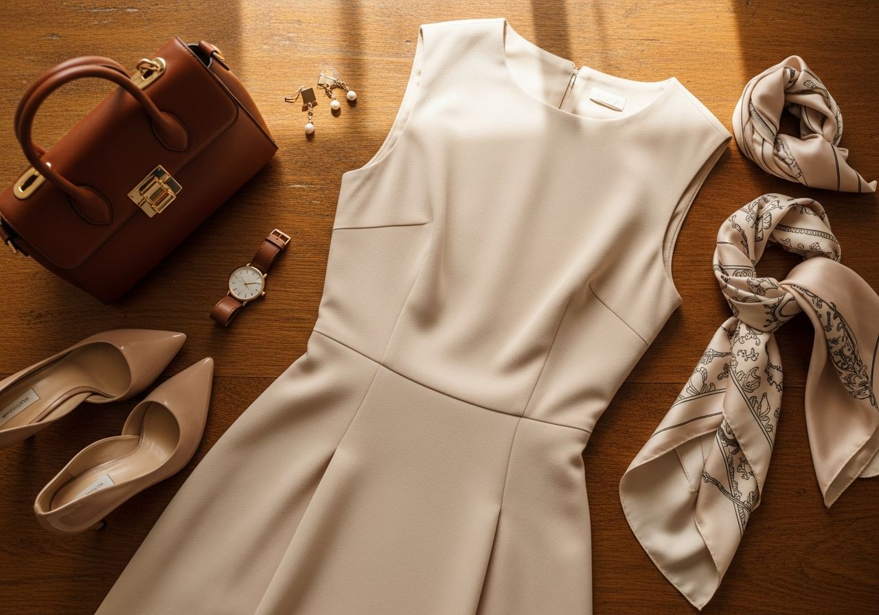 béžové šaty na starom drevenom stole s koženou kabelkou, hodinkami, lodičkami, perlovými náušnicami a hodvábnou šatkou