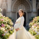 Tehotná žena v svetlom šate stojaca pred kostolom na jar s jemným úsmevom na tvári