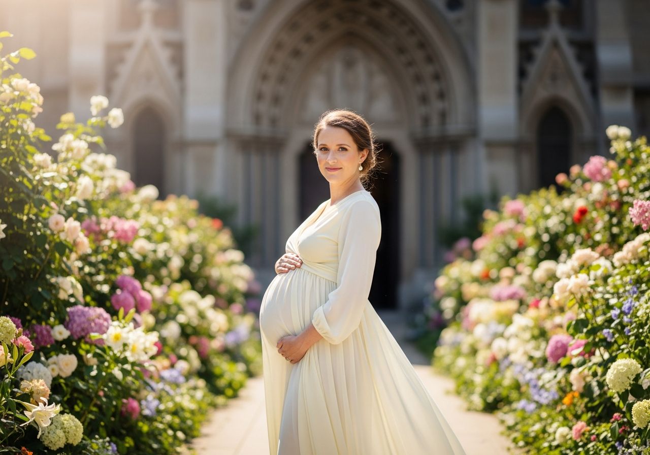 Tehotná žena v svetlom šate stojaca pred kostolom na jar s jemným úsmevom na tvári