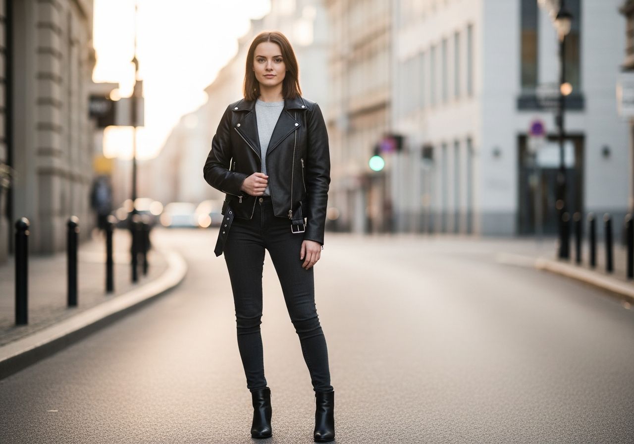 Mladá žena v čiernej koženej bunde stojaca na ulici počas zlatej hodiny, mestské pozadie.