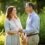 Stredný pár držíce sa za ruky v parku, žena ukazuje zásnubný prsteň, slnečné svetlo, priateľská atmosféra