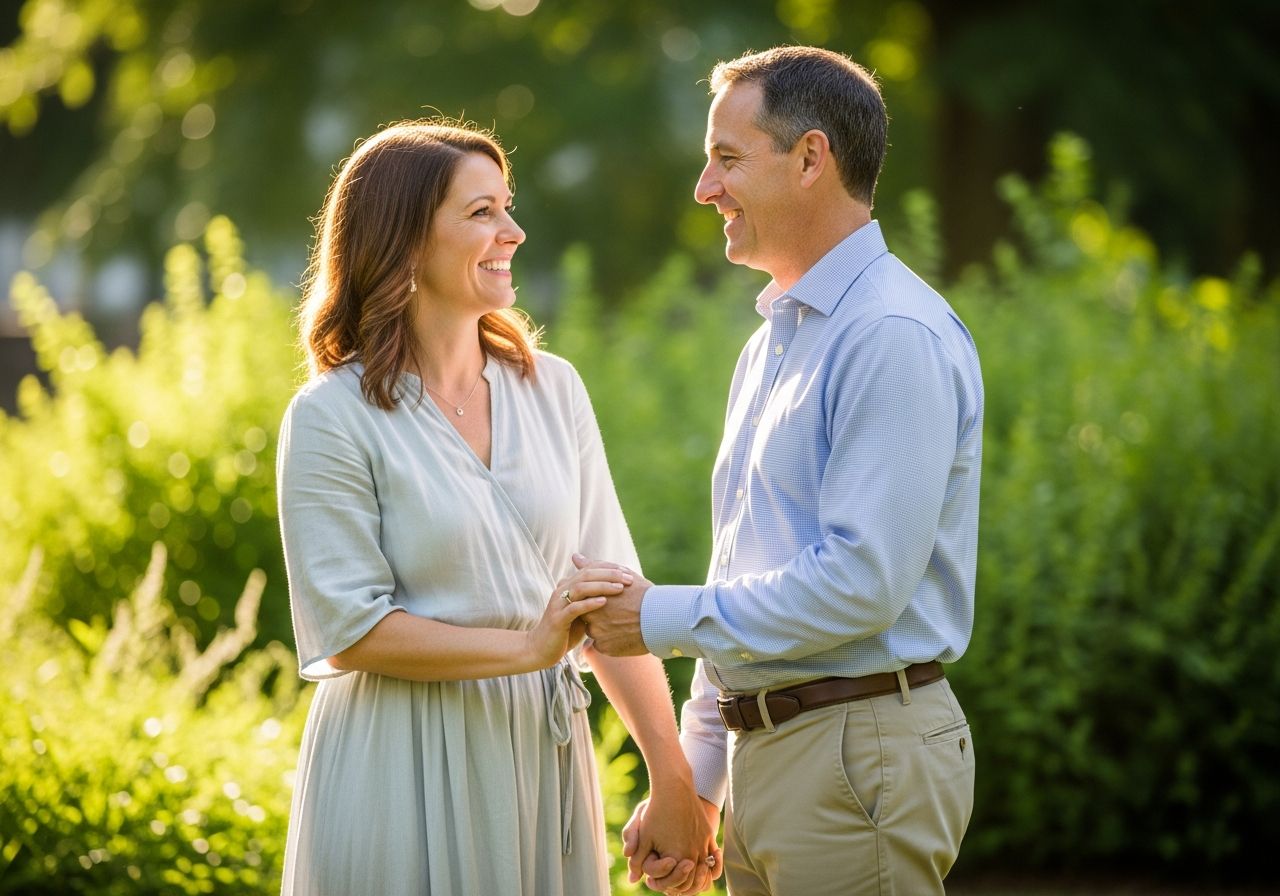 Stredný pár držíce sa za ruky v parku, žena ukazuje zásnubný prsteň, slnečné svetlo, priateľská atmosféra