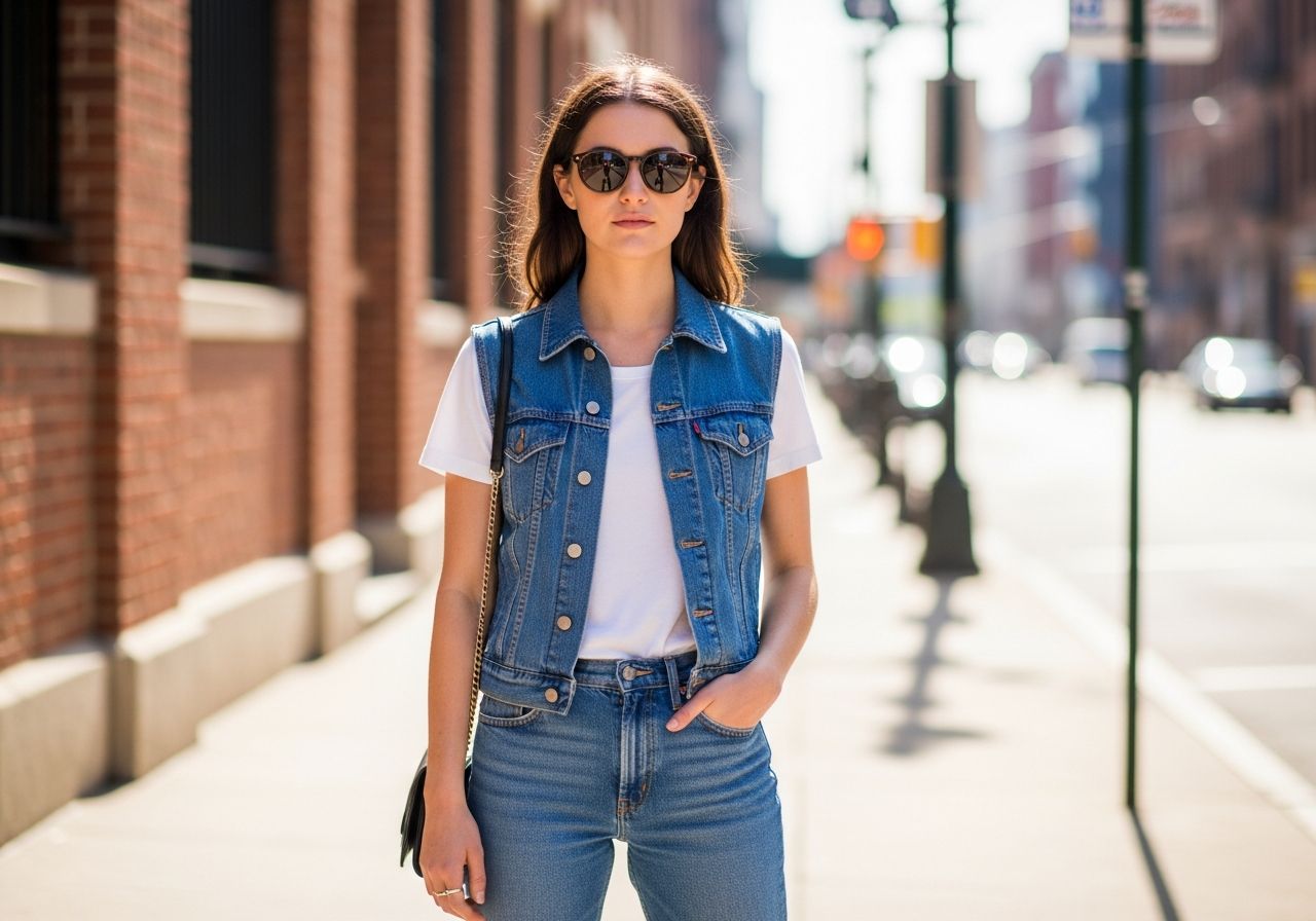 Mladá žena v rifľovej vestě a bielom tričku stojí na ulici v mestskom prostredí.