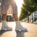 Žena v bielych športových topánkach a letných šatách na mestskom chodníku za slnečného dňa