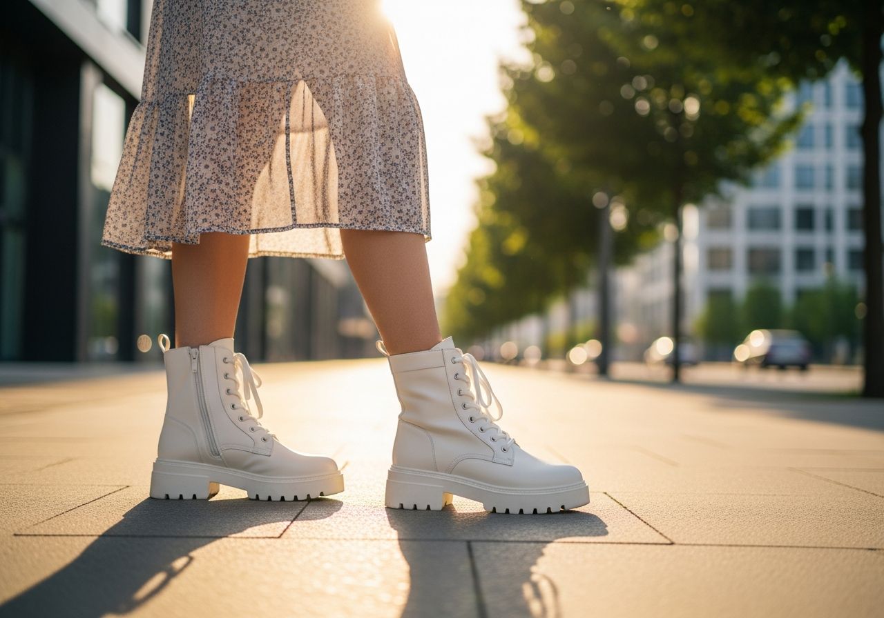 Žena v bielych športových topánkach a letných šatách na mestskom chodníku za slnečného dňa