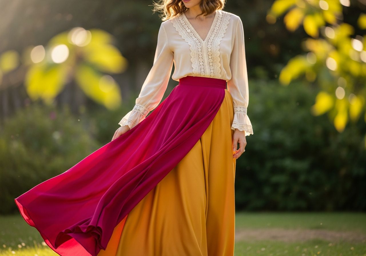 Elegantná žena v dlhých sukni a blúzke stojaca v záhrade v mäkkom prirodzenom svetle.