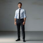 Muž v modrej košeli a čiernej kravate stojí proti neutrálnemu pozadiu, prirodzené svetlo, ostrý obraz.