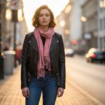 Mladá osoba stojaca na ulici v modernom oblečení počas zlatej hodiny, jasné svetlo, mestské prostredie.