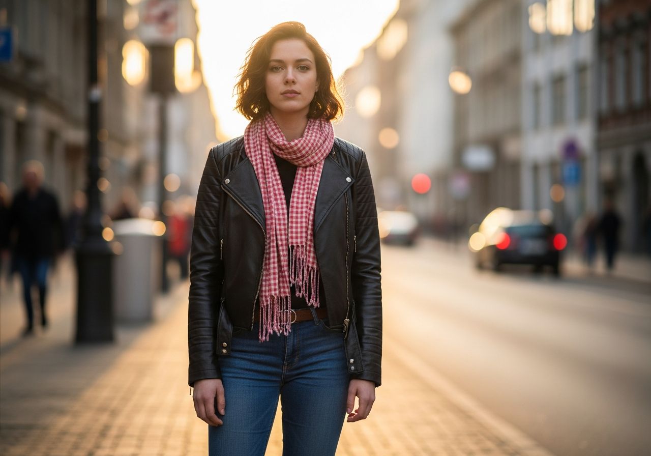 Mladá osoba stojaca na ulici v modernom oblečení počas zlatej hodiny, jasné svetlo, mestské prostredie.