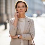 Sebavedomá žena okolo 50 rokov v minimalistickom oblečení na urbanistickej ulici, prirodzené svetlo.